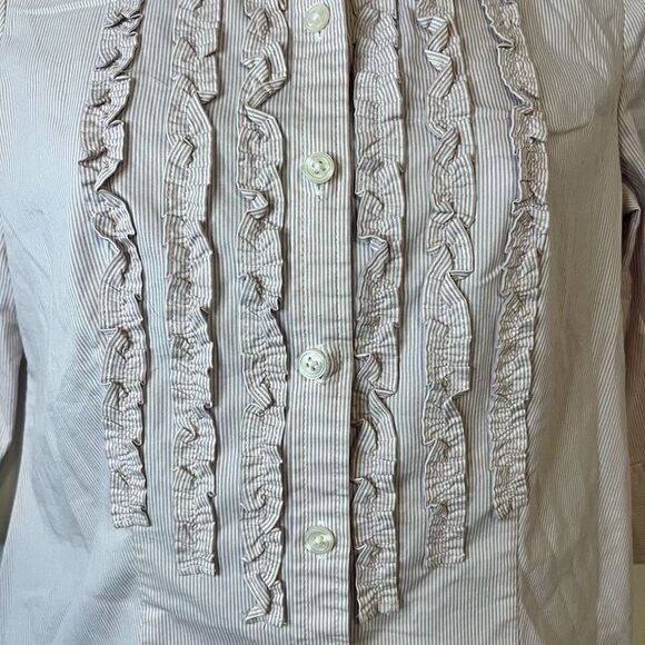 Ann Taylor Factory Petite Striped 3/4 Sleeve Ruffle Front Blouse Size 0P - Picture 3 of 7